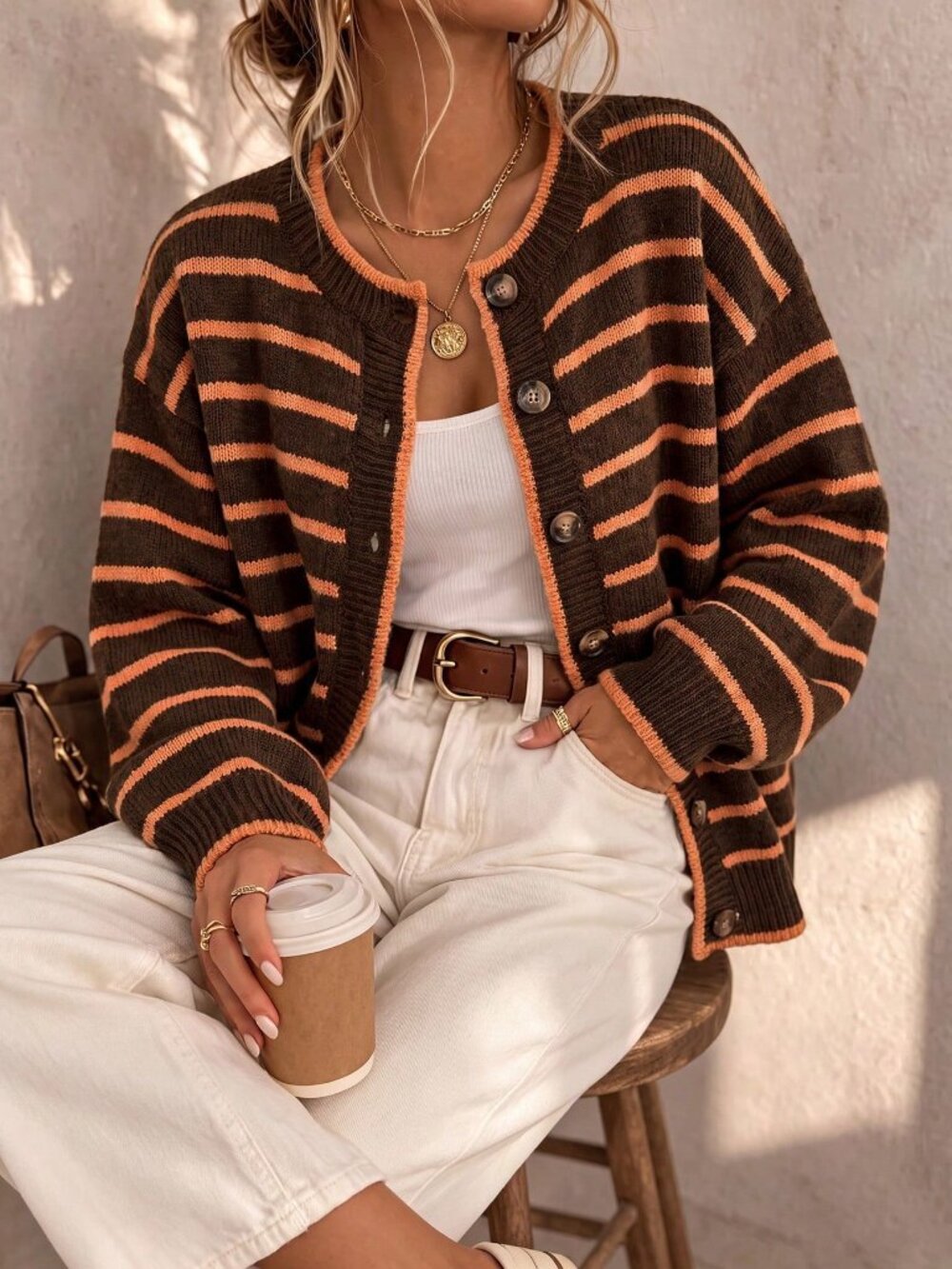 Brown Casual Women's Contrast Color Striped Long Sleeve Knit Cardigan